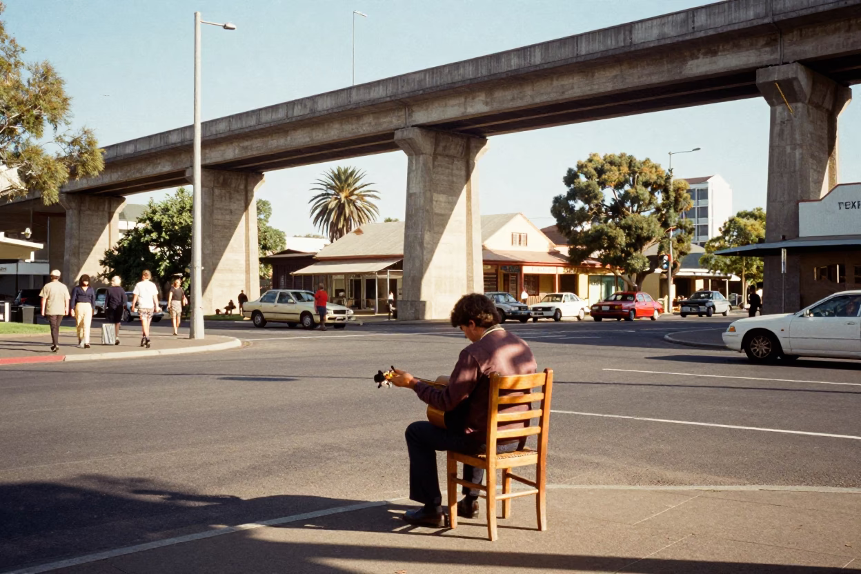 Vintage 1960s Adelaide Street Scene with Concrete Viaduct and Mandolin Player in in Adelaide, South Australia, Australia