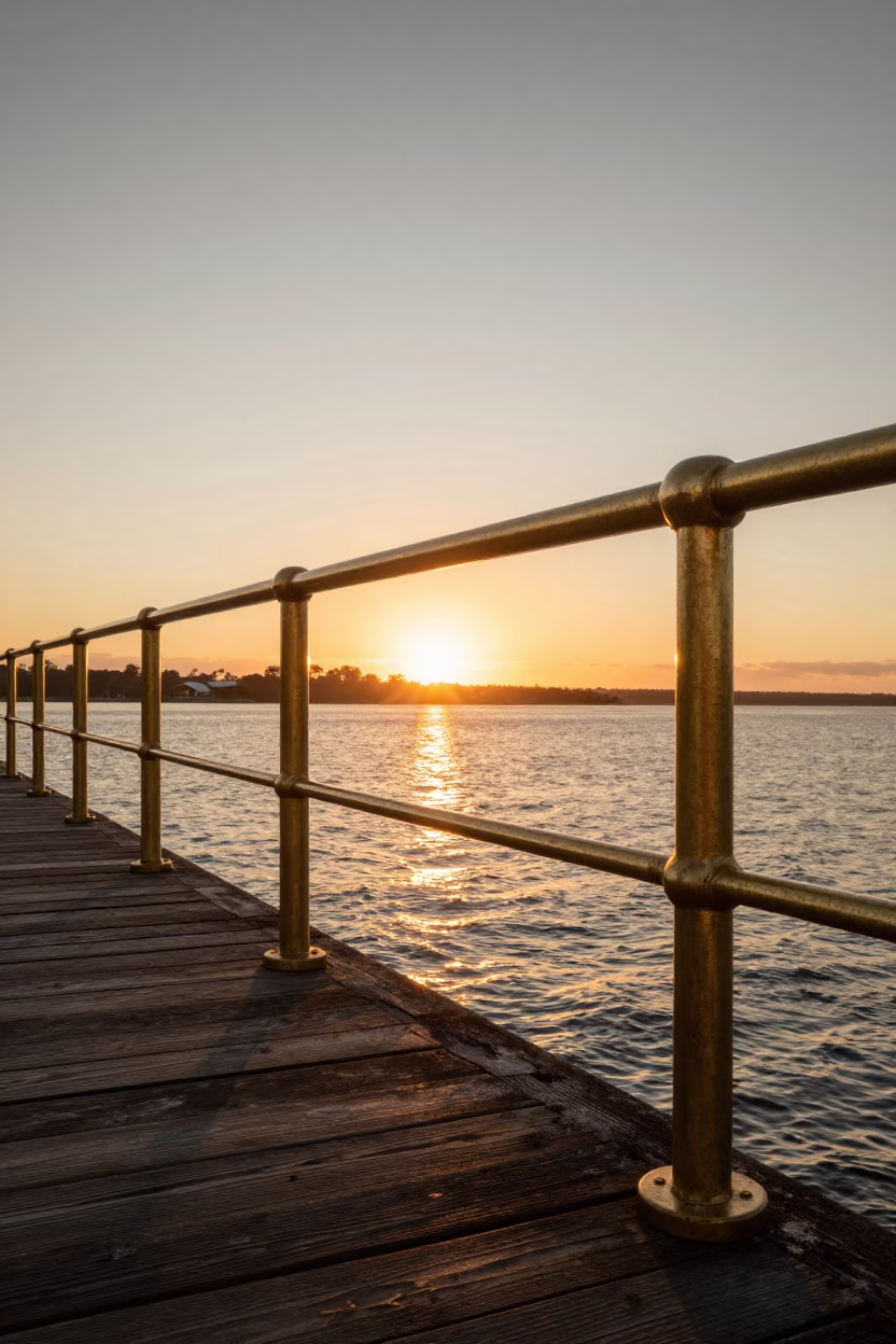 Vintage 1960s Adelaide sunset scene with polished brass rail and houseplant near the harbor in in Adelaide, South Australia, Australia