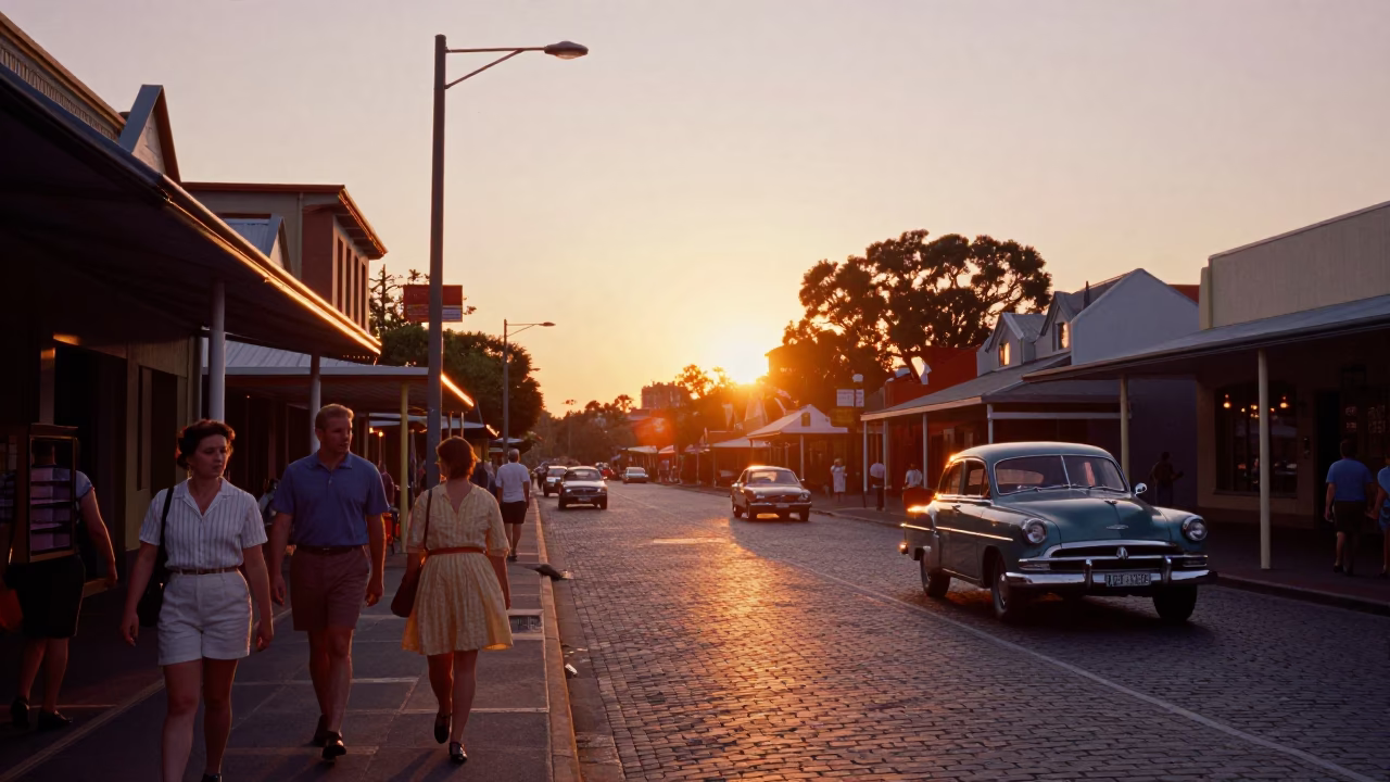Vintage 1960s Adelaide Sunset Street Scene with Local Pedestrians and Historic Architecture in in Adelaide, South Australia, Australia