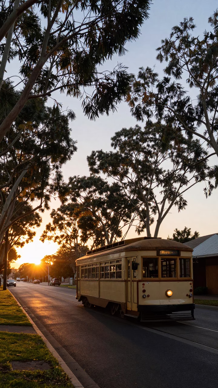 Vintage 1960s Adelaide Tramcar on Tree-Lined Boulevard at Sunset in South Australia in in Adelaide, South Australia, Australia