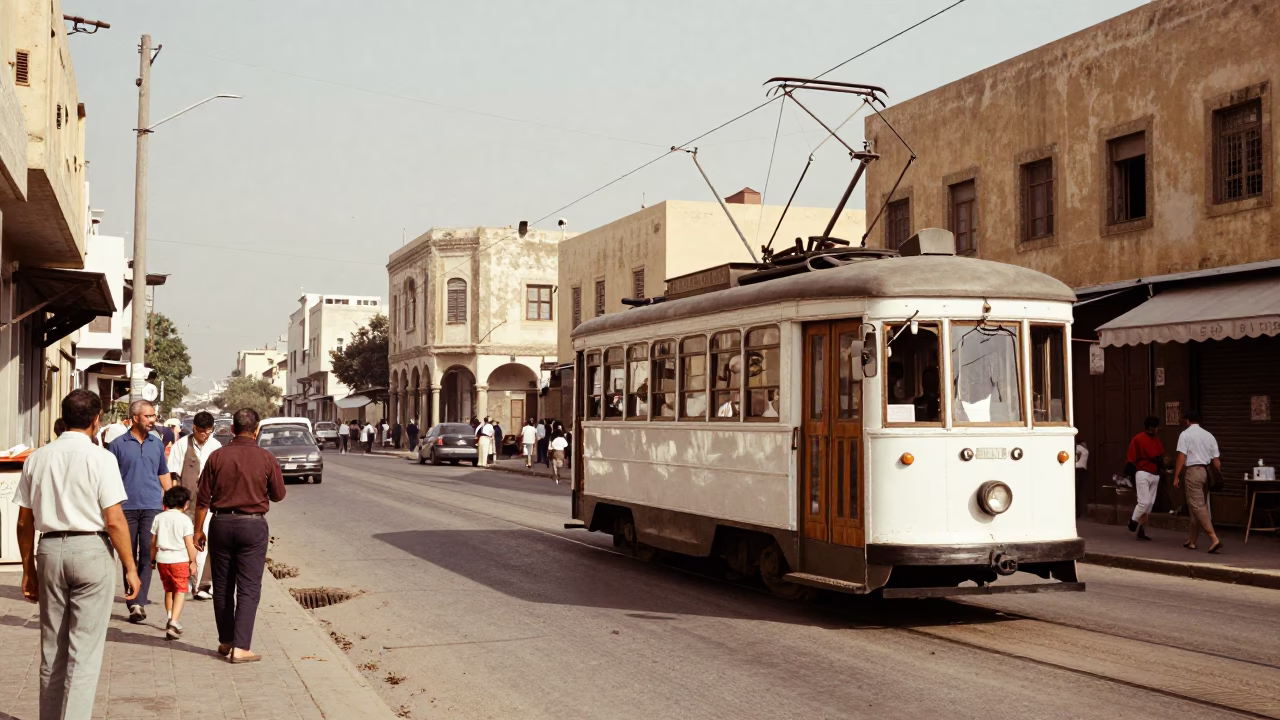 Vintage 1960s Alexandria Street Scene with Tram and Local Life in in Alexandria, Egypt