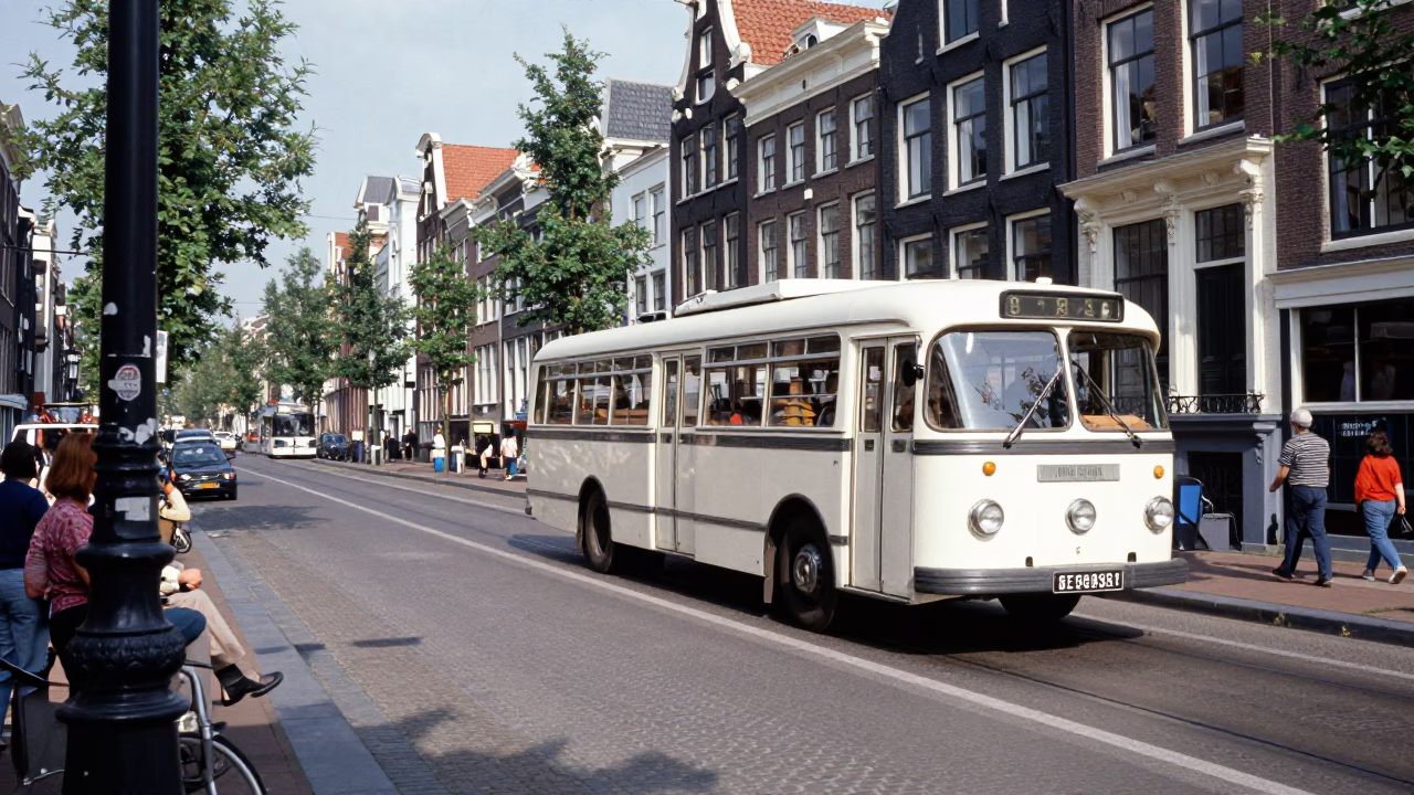 Vintage 1960s Amsterdam Canal Street Scene with Classic Bus and Colorful Facades in in Amsterdam, Netherlands