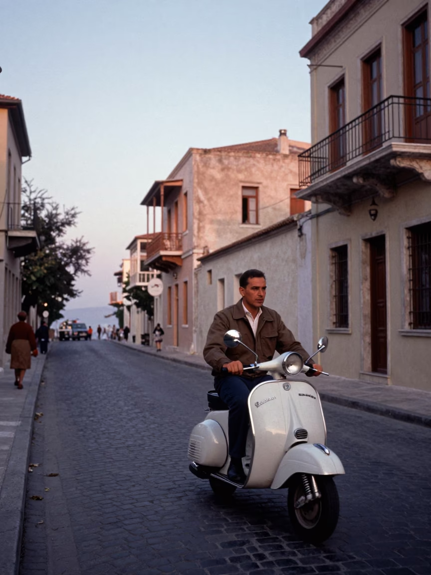 Vintage 1960s Athens Greece Street Scene at Nautical Dawn with Vespa Scooter in in Athens, Greece