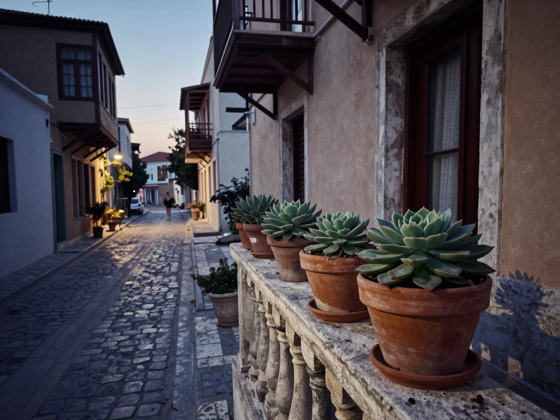 Vintage 1960s Athens Street Scene Before Dawn with Succulents and Cobblestone Alleyway in in Athens, Greece