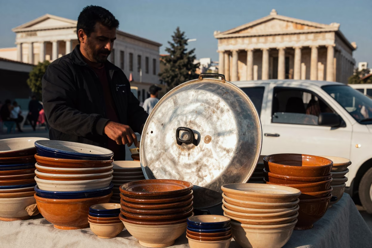 Vintage 1960s Athens Street Scene with Pot Lid and Soap Residue in in Athens, Greece
