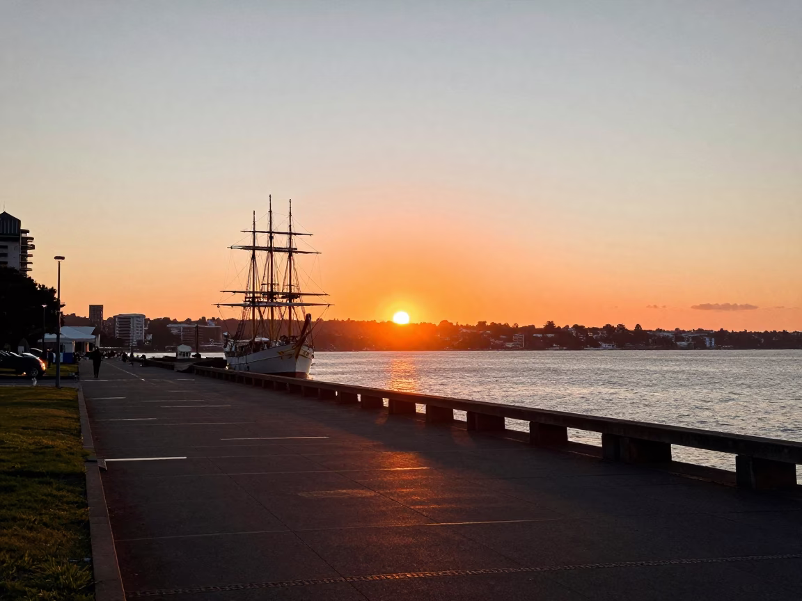 Vintage 1960s Auckland Harbor Sunset View with Tall Ship Sailing Past Sky Tower in in Auckland, New Zealand