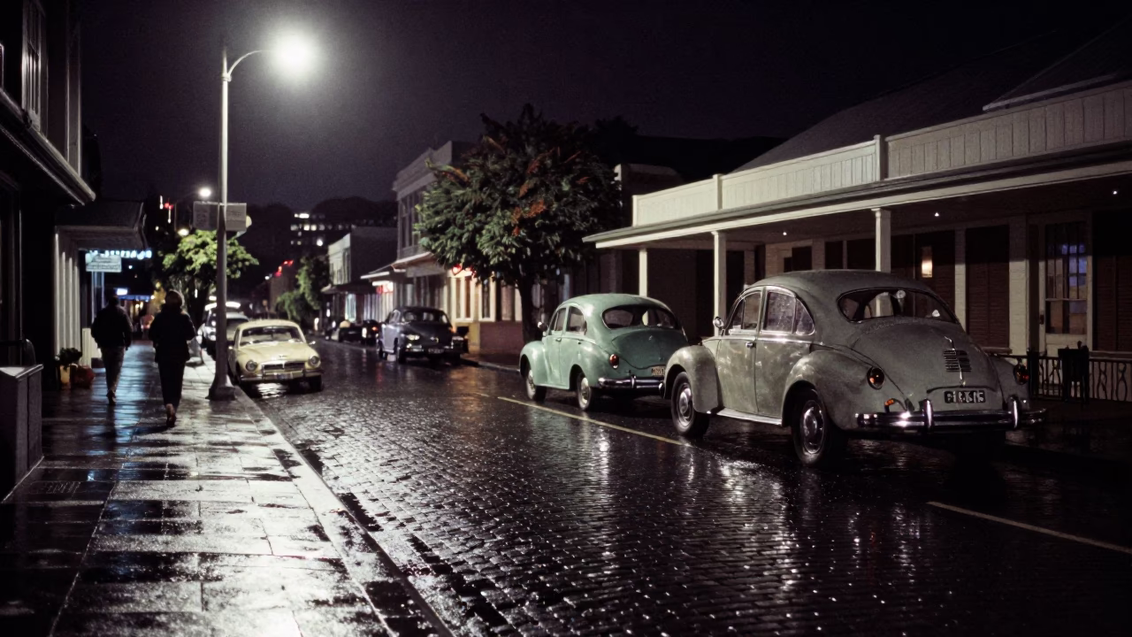 Vintage 1960s Auckland Night Street Scene with Wet Cobblestones and Retro Car Headlights in in Auckland, New Zealand