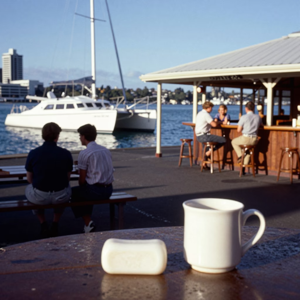 Vintage 1960s Auckland Street Scene with Catamaran and Bar Soap on Wooden Table in in Auckland, New Zealand