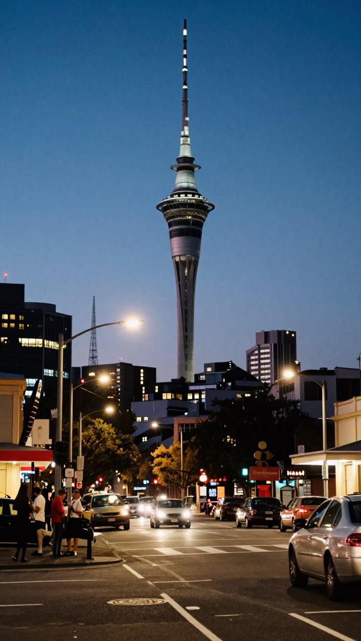 Vintage 1960s Auckland Street Scene with City Lights Glowing at Dusk in in Auckland, New Zealand