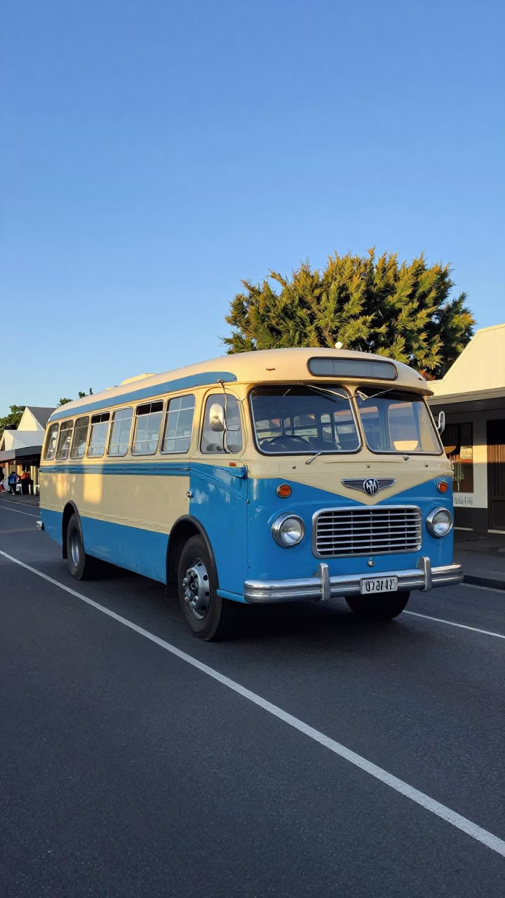Vintage 1960s Auckland Street Scene with Classic Bedford Bus in Clear Late Afternoon Light in in Auckland, New Zealand