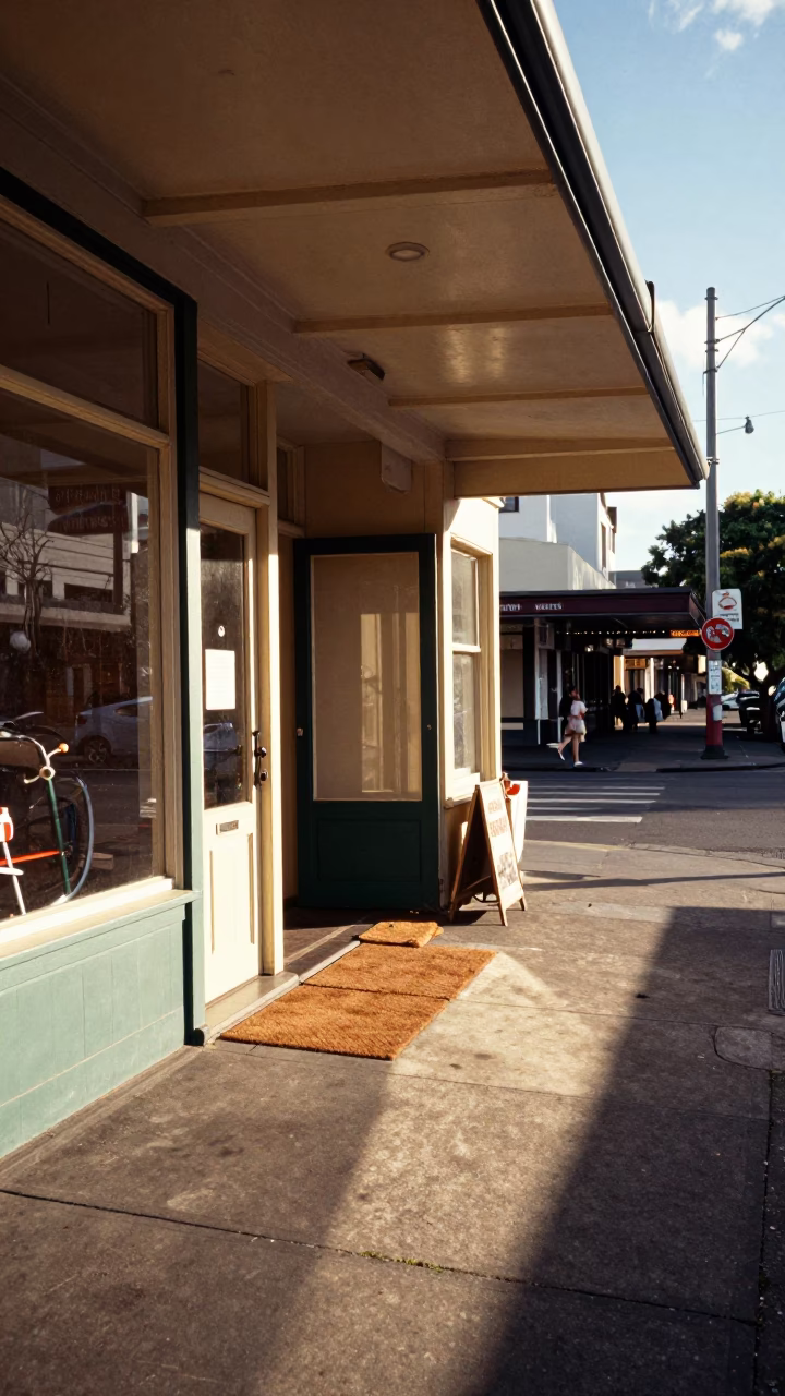 Vintage 1960s Auckland Street Scene with Door Mats and Sunlight in in Auckland, New Zealand