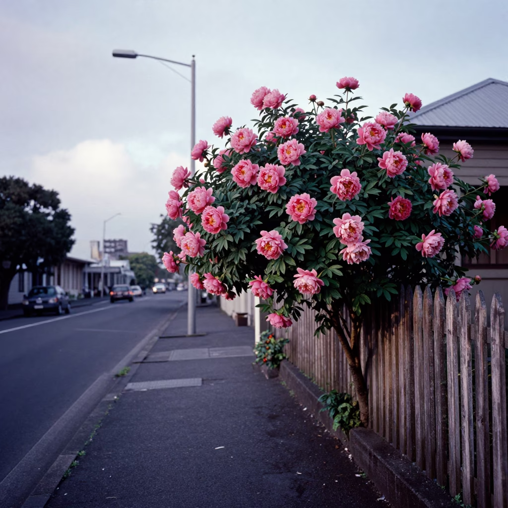 Vintage 1960s Auckland Street Scene with Peony Bush and Scuffed Wood Before Sunrise in in Auckland, New Zealand
