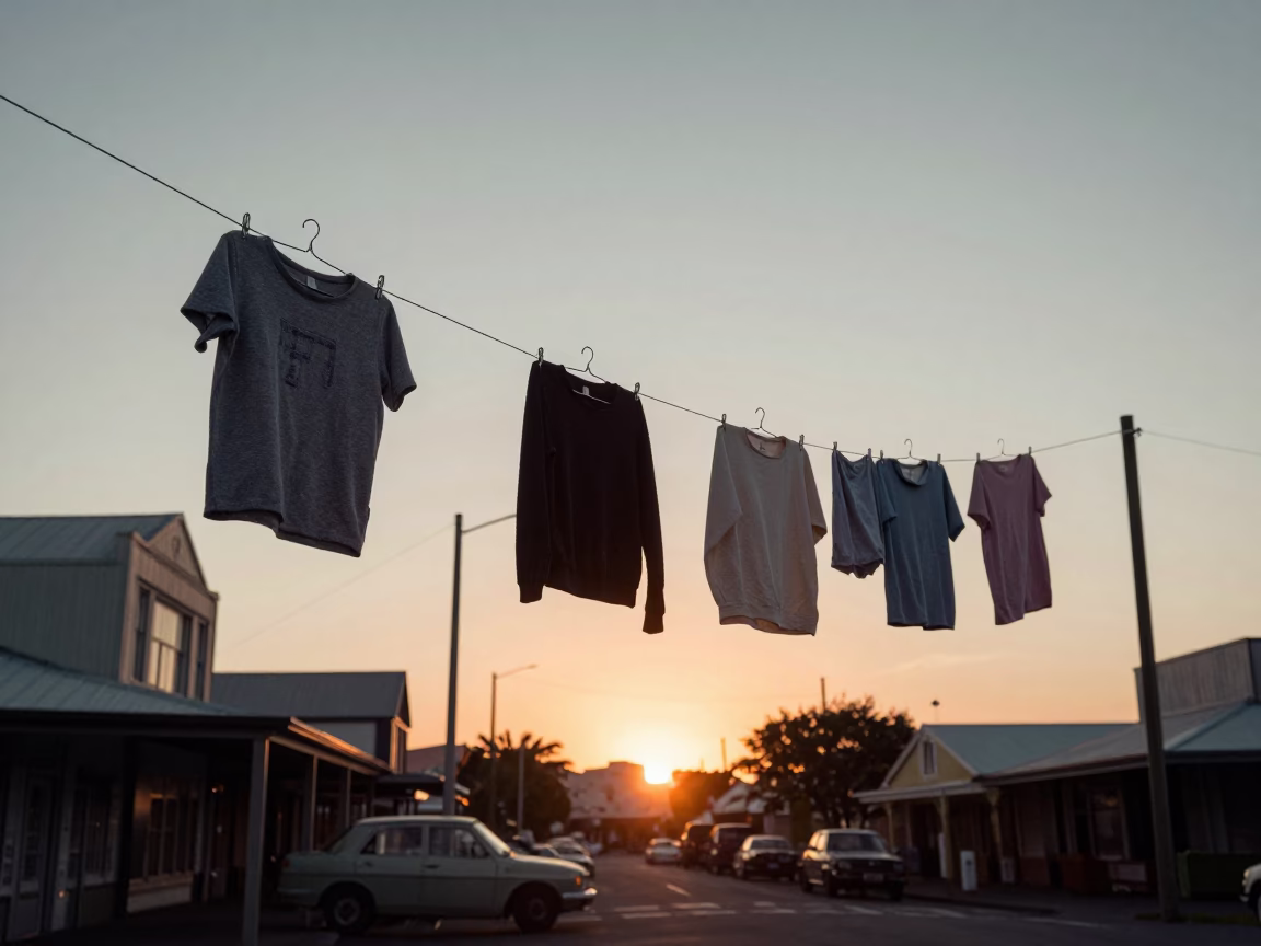 Vintage 1960s Auckland Street Scene with Shirt Hanger and Sunset in in Auckland, New Zealand
