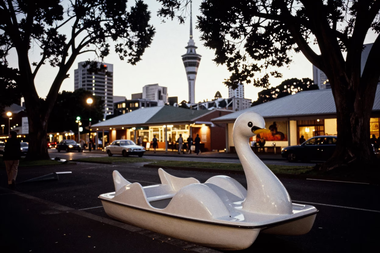 Vintage 1960s Auckland Street Scene with Swan Pedal Boat and City Lights in in Auckland, New Zealand