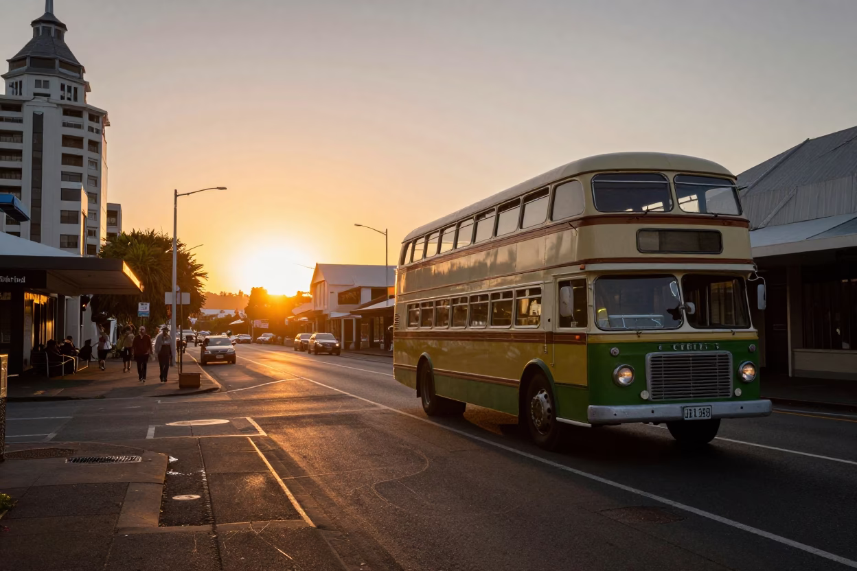 Vintage 1960s Auckland Sunset Scene with Classic Bus and Local Street Life in in Auckland, New Zealand