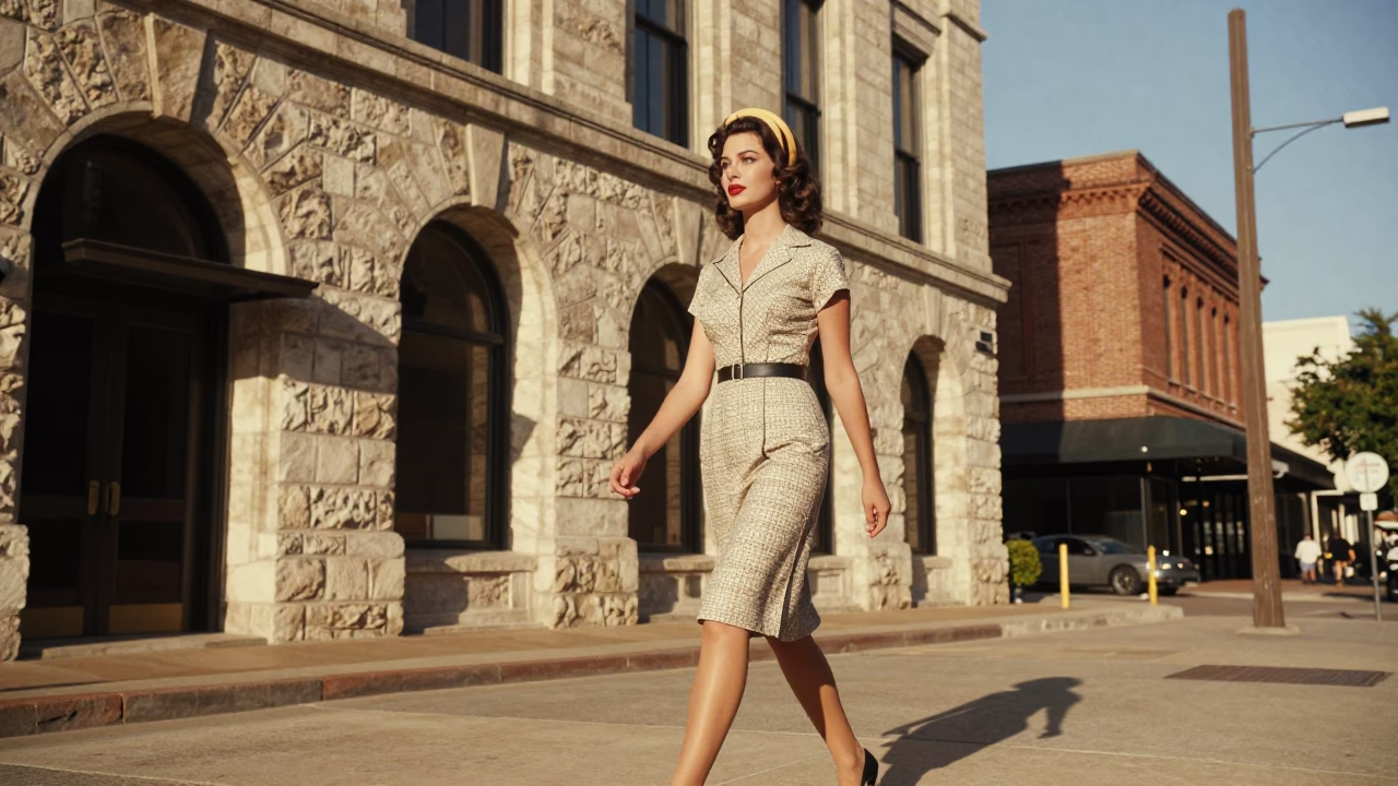 Vintage 1960s Austin Texas High Fashion Woman Walking Downtown Afternoon with Glass Bottle in in Austin, Texas, United States