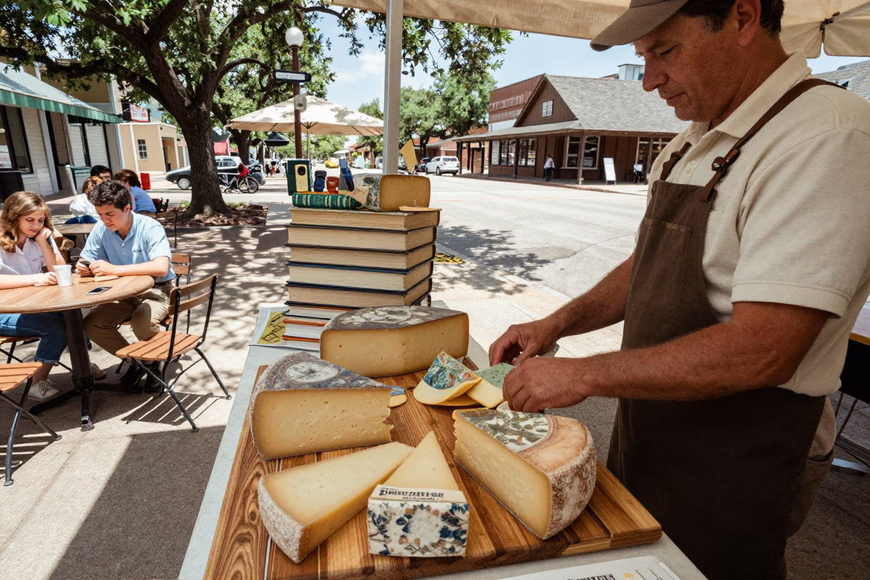 Vintage 1960s Austin Texas Midday Scene with Cheese Board and Classroom Bookshelf in in Austin, Texas, United States