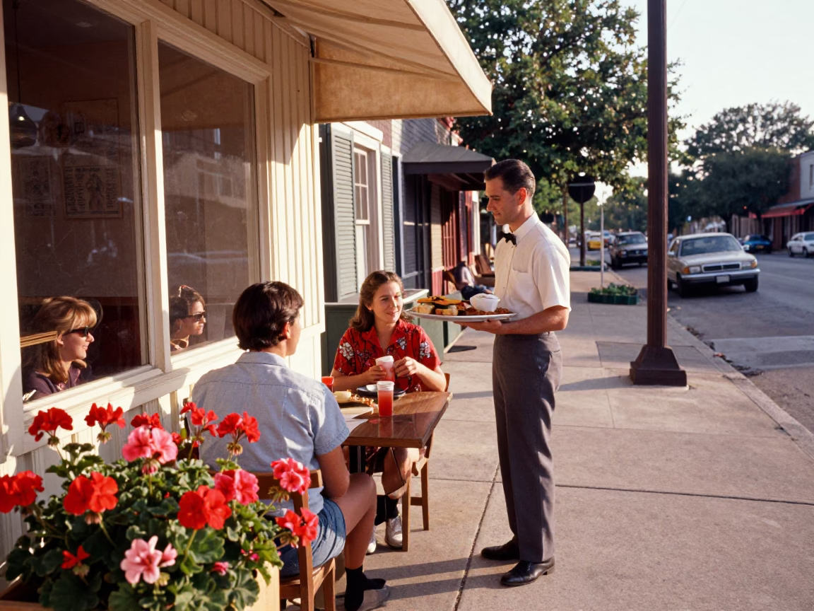 Vintage 1960s Austin Texas Morning Scene with Geraniums and Local Street Life in in Austin, Texas, United States