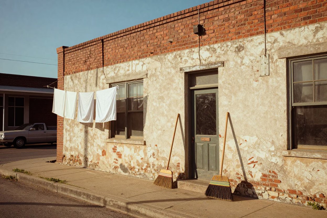 Vintage 1960s Austin Texas Street Scene with Laundry Hanging and Brooms Leaning in in Austin, Texas, United States