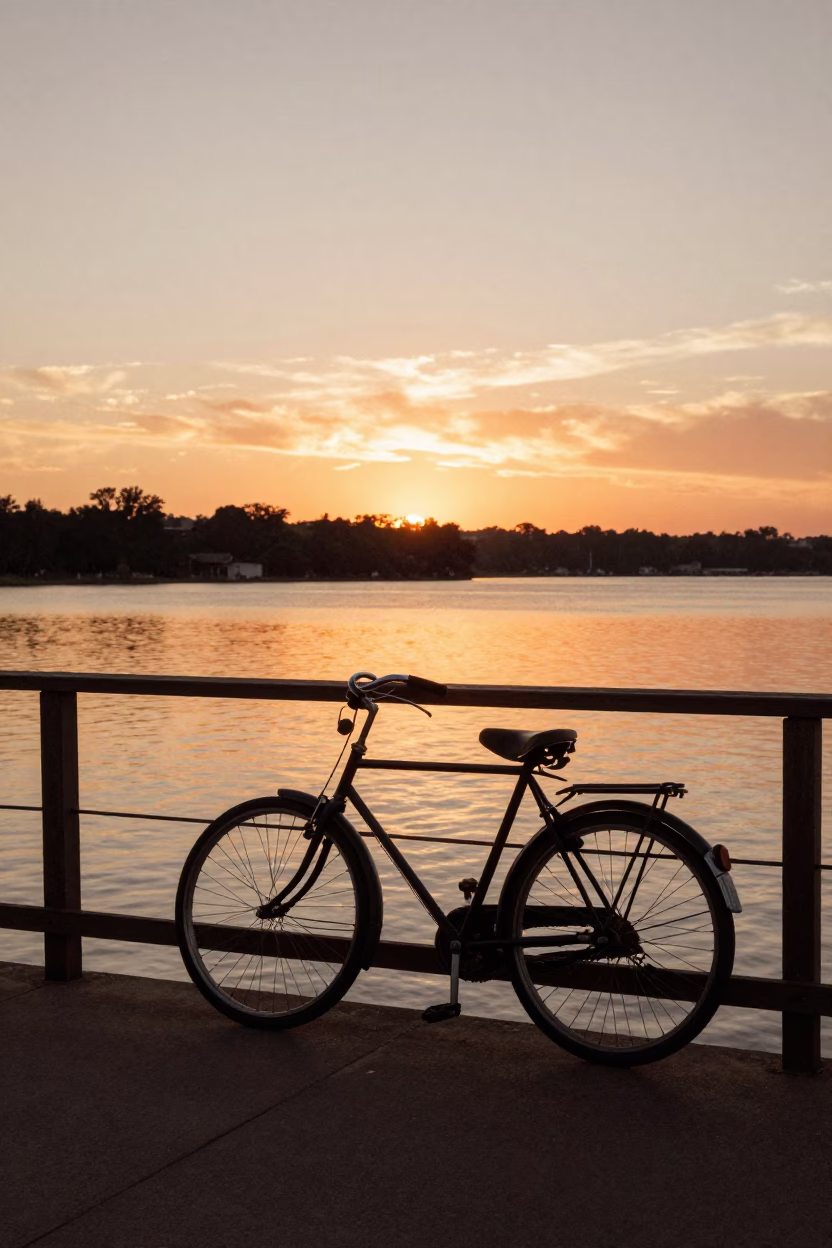 Vintage 1960s Austin Texas Sunset Scene with Bicycle and Lake Reflections in in Austin, Texas, United States
