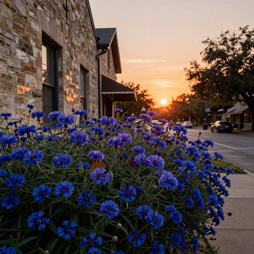 Vintage 1960s Austin Texas Sunset Scene with Plumbago Hedge and Local Street Life in in Austin, Texas, United States