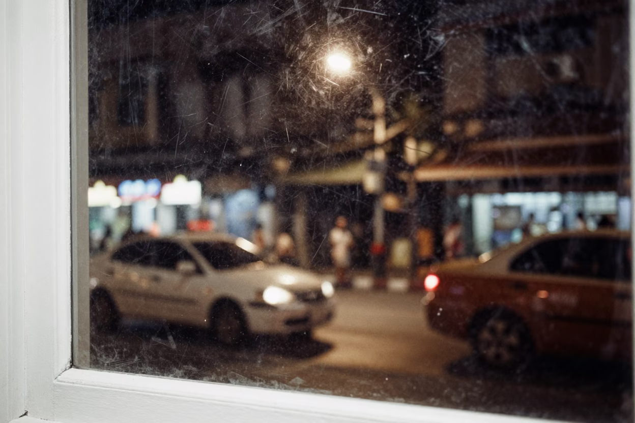 Vintage 1960s Bangkok Night Street Scene with Scratched Window Glass and Bottle Opener in in Bangkok, Thailand