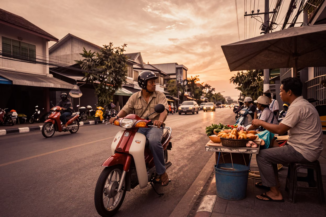 Vintage 1960s Bangkok Street Scene with Copper Toned Dusk Light and Condensation on Glass in in Bangkok, Thailand