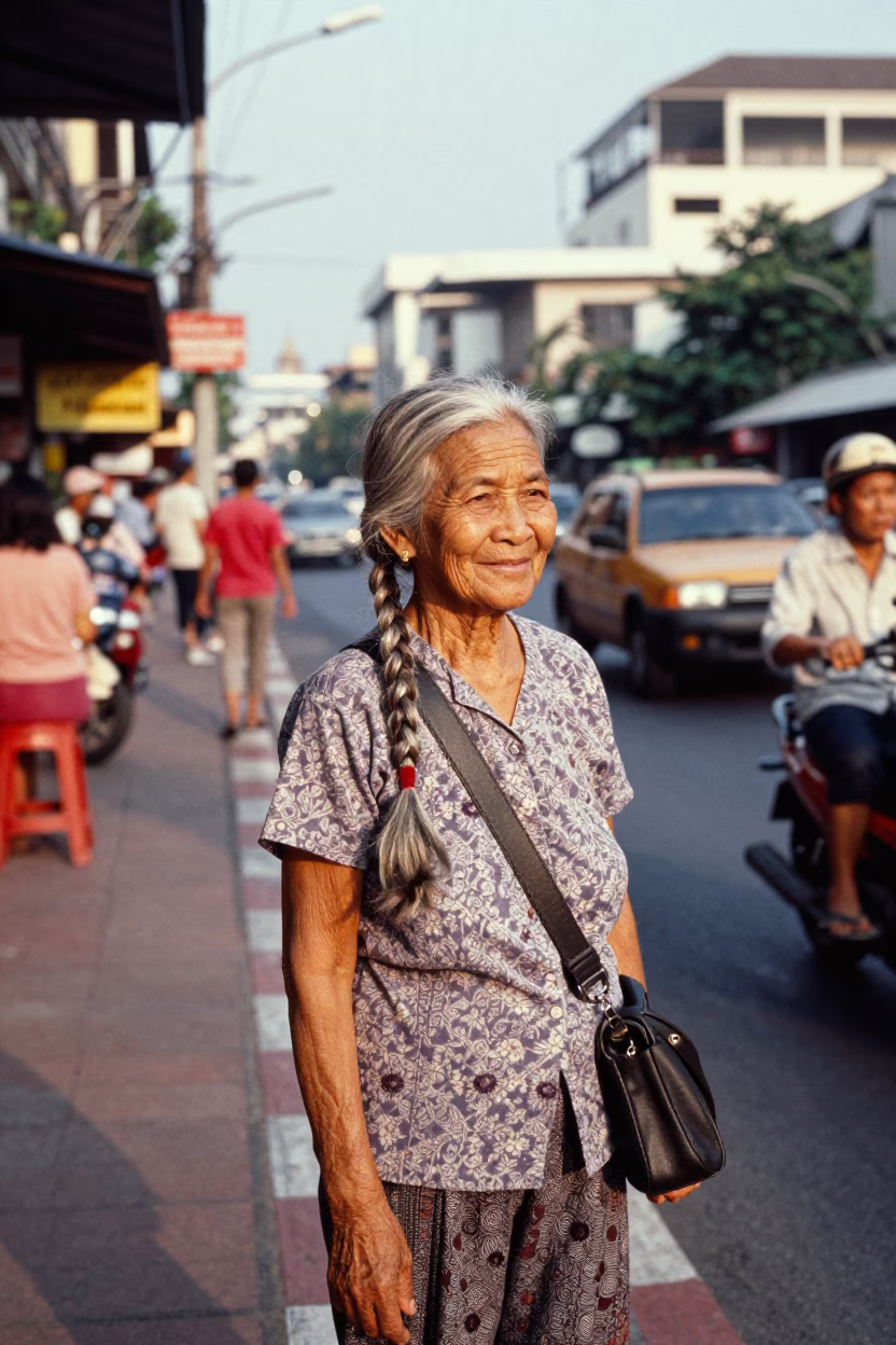 Vintage 1960s Bangkok Street Scene with Elderly Woman and Wonton Soup Bowl in in Bangkok, Thailand