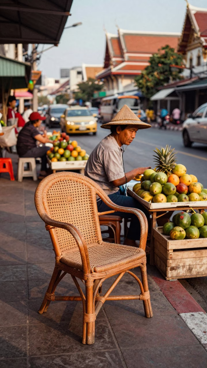 Vintage 1960s Bangkok Street Scene with Rattan Chair and Evening Light in in Bangkok, Thailand