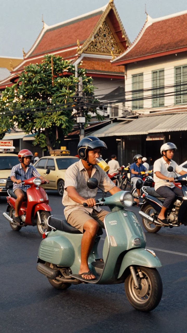 Vintage 1960s Bangkok Street Scene with Rider and Drinking Vessel in Late Afternoon Light in in Bangkok, Thailand