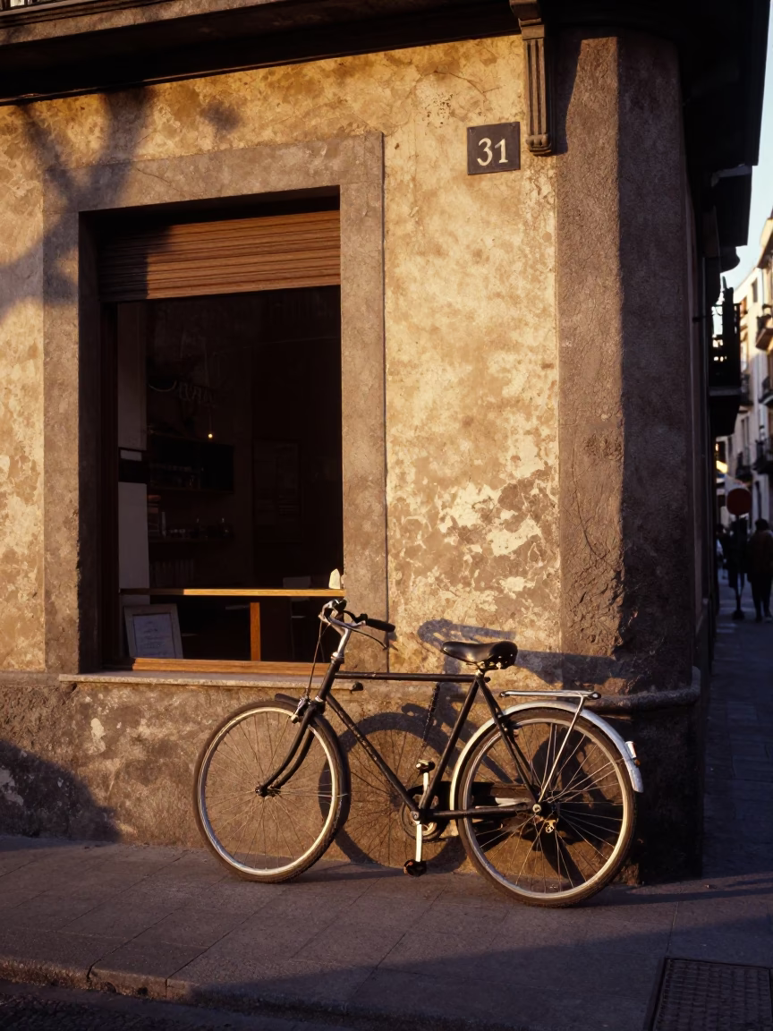 Vintage 1960s Barcelona Street Scene at Sunset with Bicycle and Local Details in in Barcelona, Spain