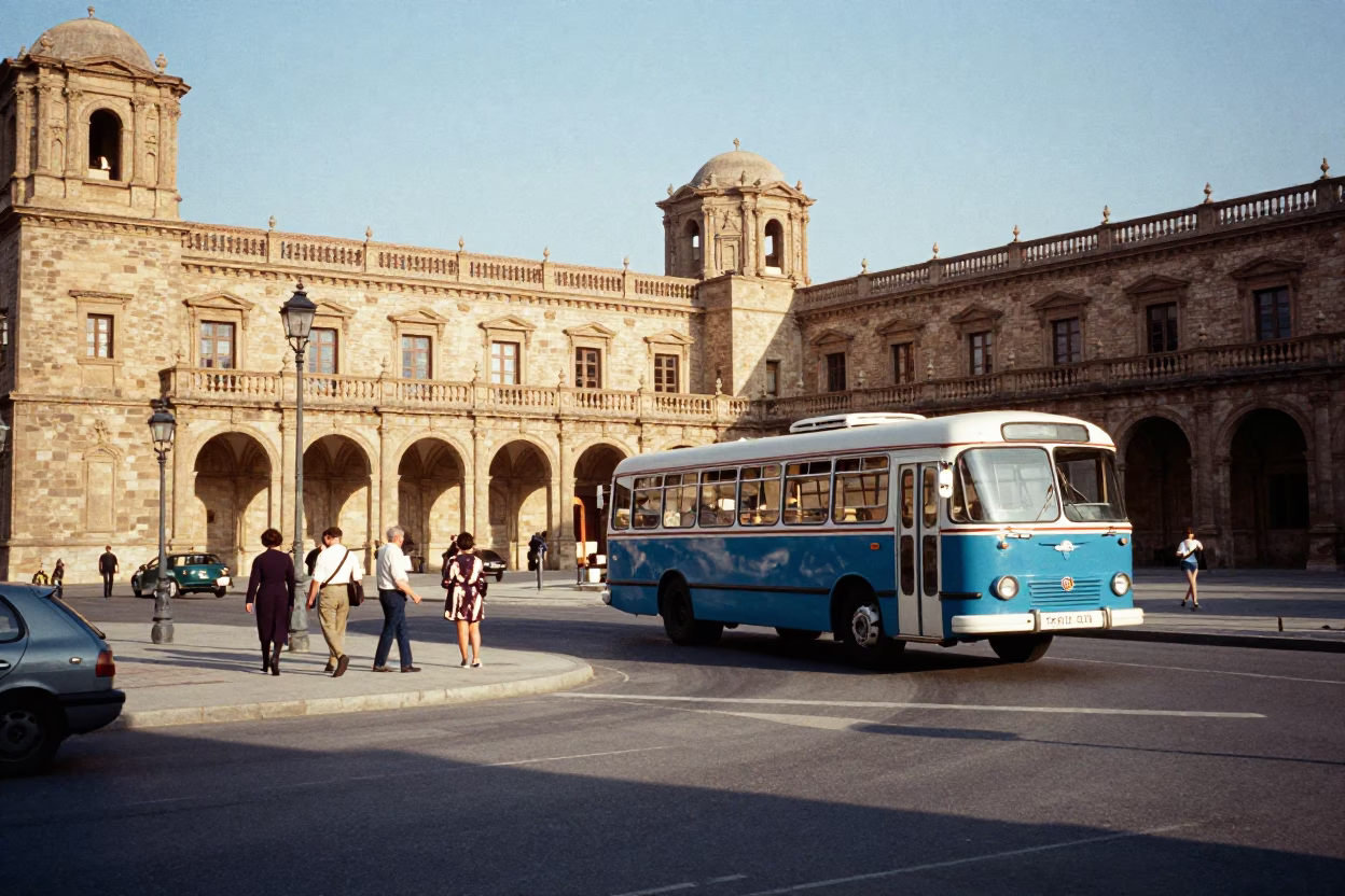 Vintage 1960s Barcelona Street Scene with Classic Bus and University Cloister in in Barcelona, Spain