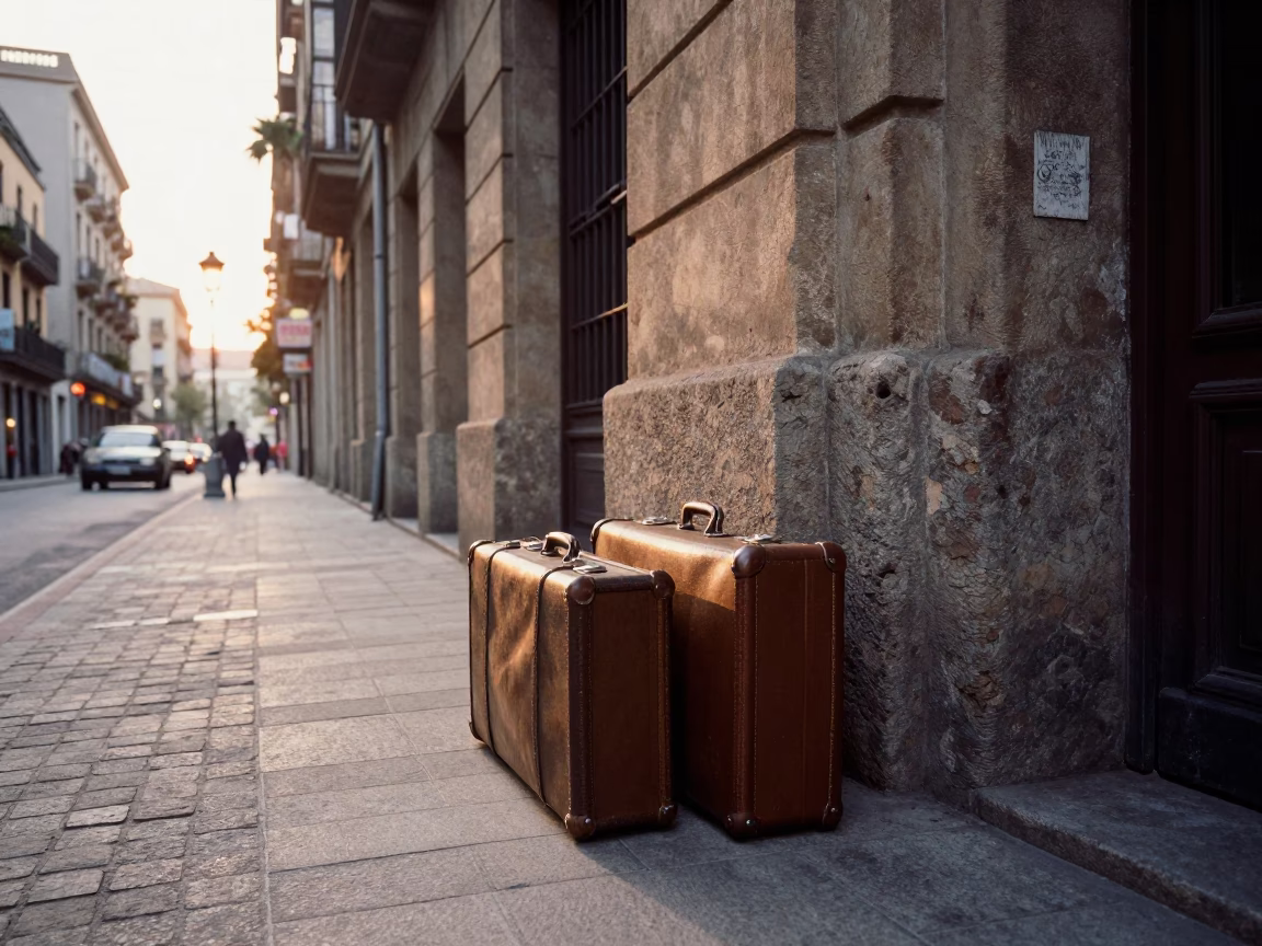 Vintage 1960s Barcelona Street Scene with Suitcases and Morning Light in in Barcelona, Spain