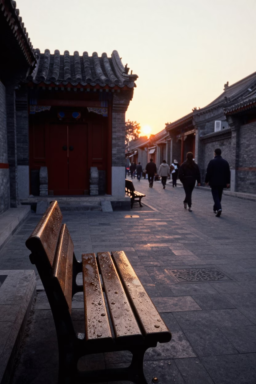 Vintage 1960s Beijing street scene with condensation on bench slat and lockbox near sunset in in Beijing, China