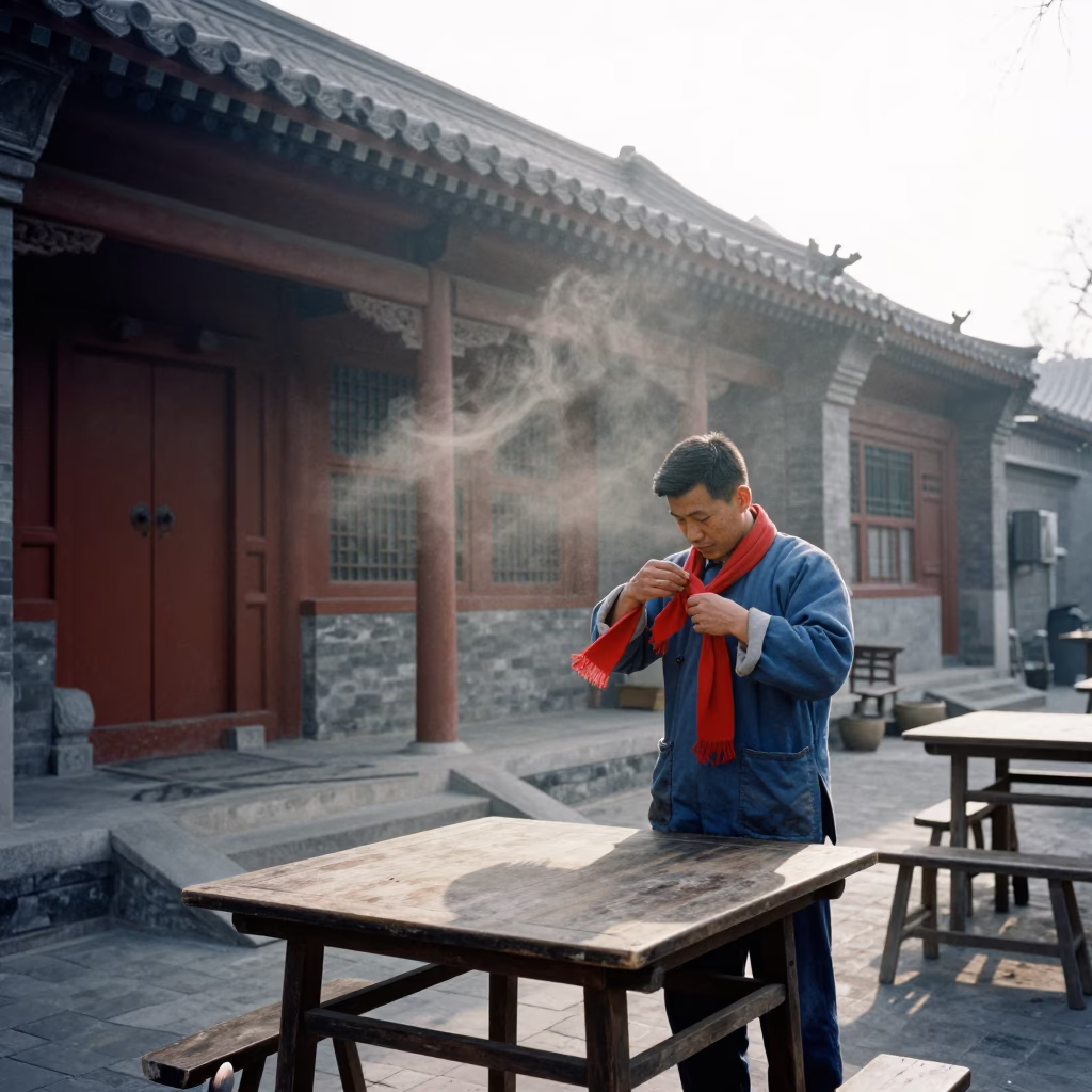Vintage 1960s Beijing Street Scene with Scarf and Condensation on Table in in Beijing, China