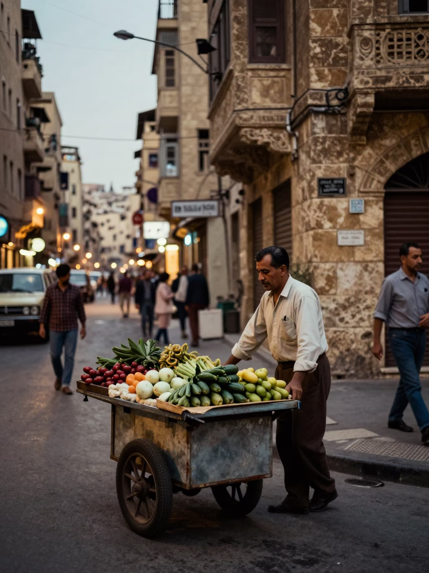 Vintage 1960s Beirut Street Scene with Rolling Carts and City Lights in in Beirut, Lebanon