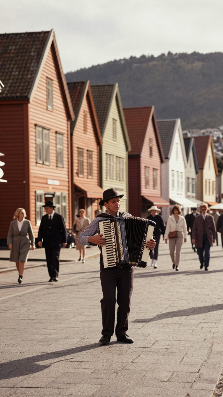 Vintage 1960s Bergen Norway Street Scene with Accordion Player on Cobblestone Square in in Bergen, Norway