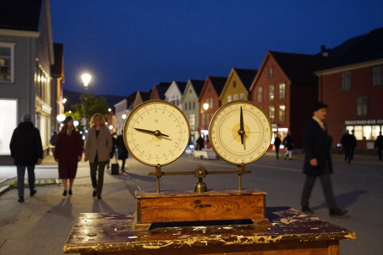 Vintage 1960s Bergen Norway Street Scene with Aperture Scale and Coastal Life in in Bergen, Norway