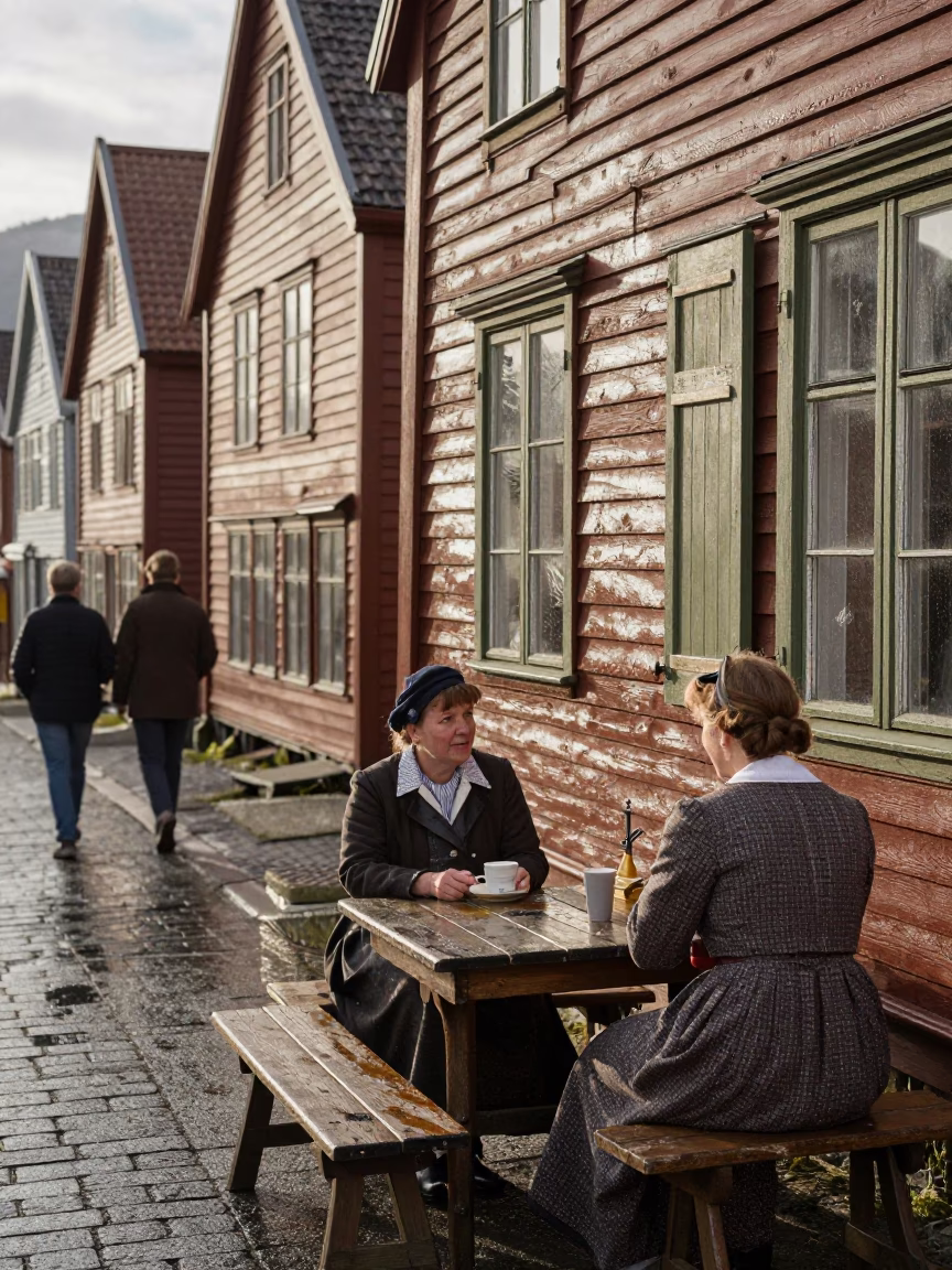 Vintage 1960s Bergen Norway Street Scene with Condensation on Wooden Chair and Jam Jar in in Bergen, Norway