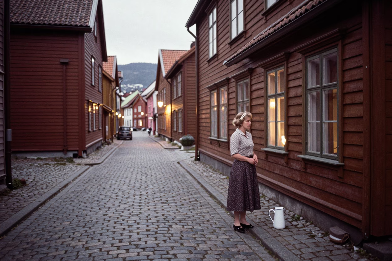 Vintage 1960s Bergen Norway Street Scene with Enamel Pitcher and Ferns at Twilight in in Bergen, Norway