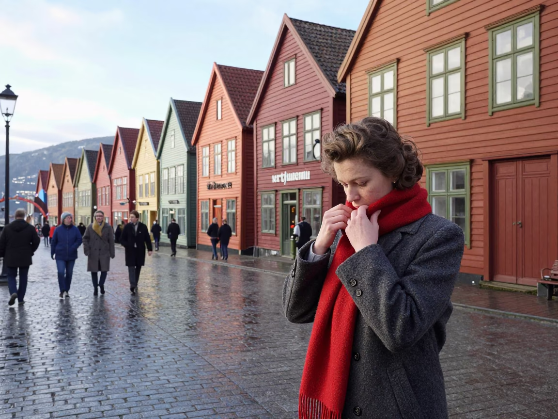 Vintage 1960s Bergen Norway Street Scene with Scarf and Watering Jug in in Bergen, Norway