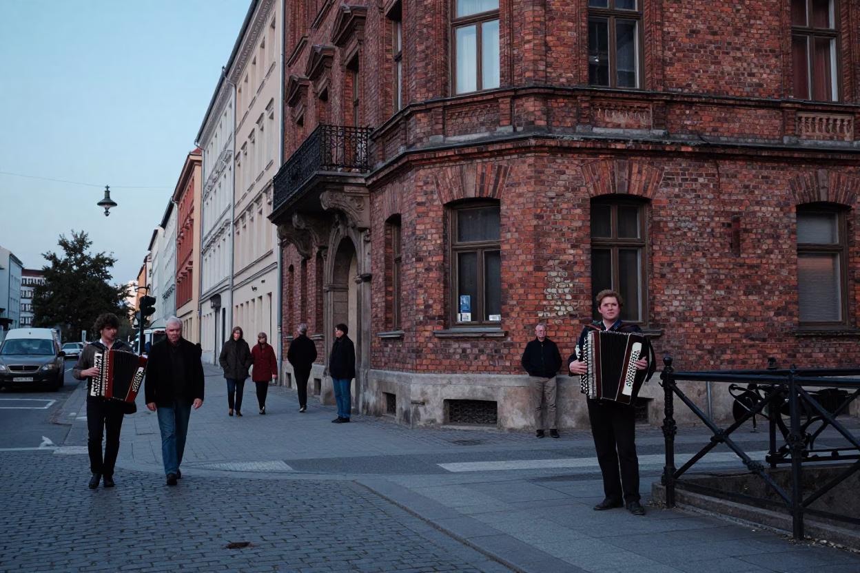 Vintage 1960s Berlin Street Scene with Accordion Player and Morning Commuters at Nautical Dawn in in Berlin, Germany
