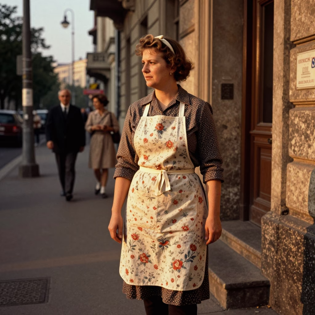 Vintage 1960s Berlin Street Scene with Apron and Step Stool in Honeyed Evening Light in in Berlin, Germany