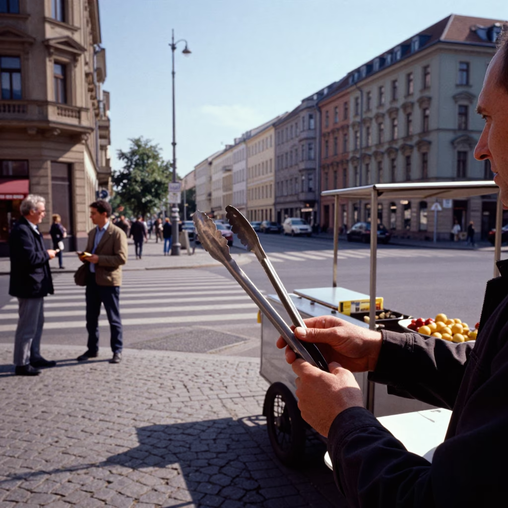 Vintage 1960s Berlin Street Scene with Metal Tongs and Clear Afternoon Light in in Berlin, Germany