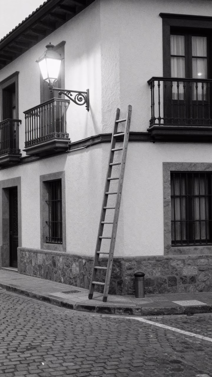 Vintage 1960s Bilbao Evening Street Scene with Wooden Ladder and Local Architecture in in Bilbao, Spain