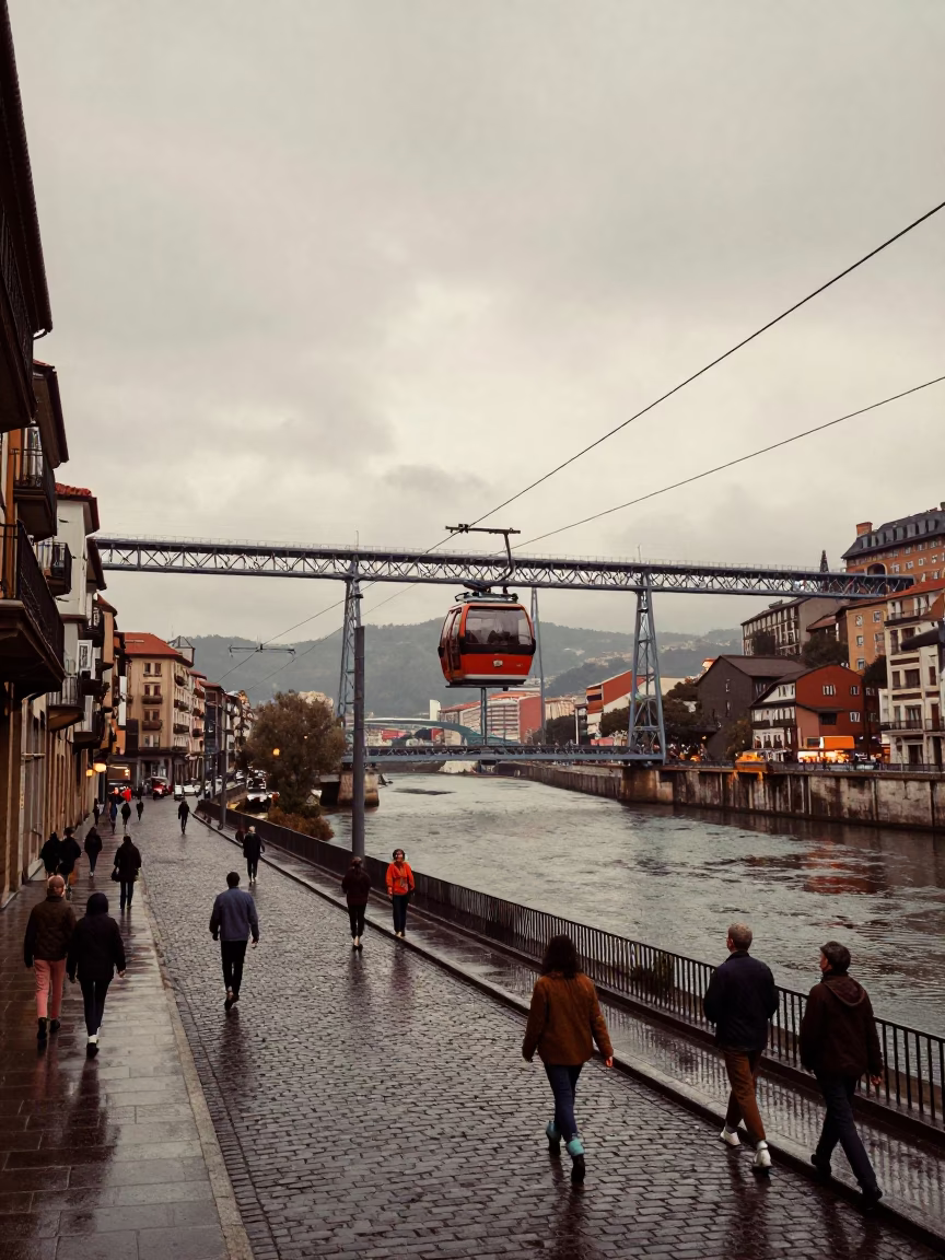 Vintage 1960s Bilbao Street Scene with Aerial Tramway and Wet Cobblestones in in Bilbao, Spain