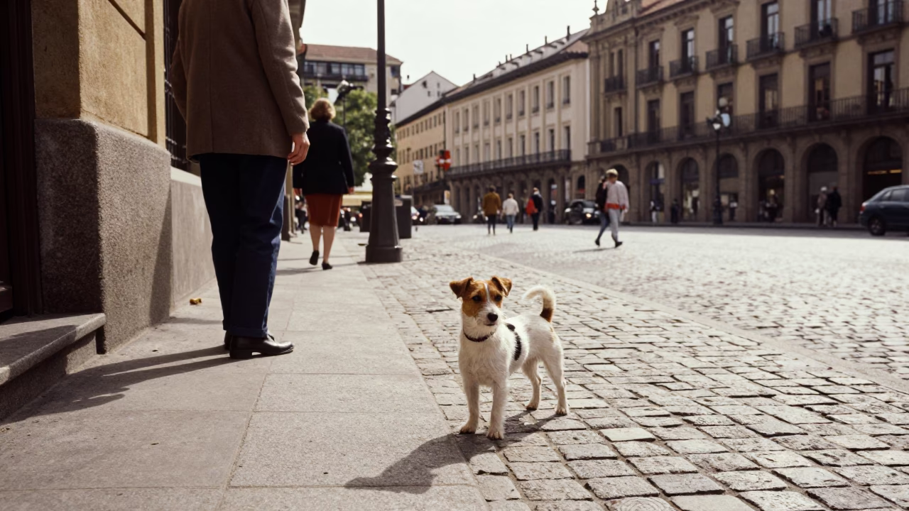 Vintage 1960s Bilbao Street Scene with Russell Terrier and Urban Life in in Bilbao, Spain