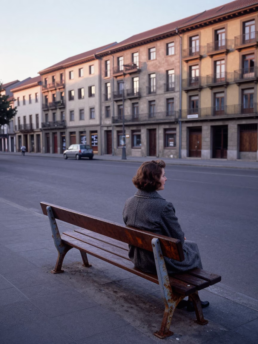 Vintage 1960s Bilbao Street Scene with Rusty Bench and Morning Light in in Bilbao, Spain