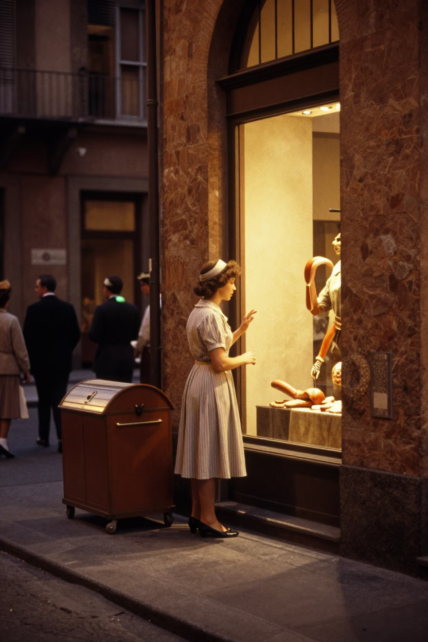 Vintage 1960s Bologna Italy Evening Street Scene with Breadbox and Local Life in in Bologna, Italy