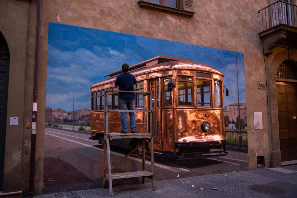 Vintage 1960s Bologna Italy street mural painting tramcar copper dusk light in in Bologna, Italy